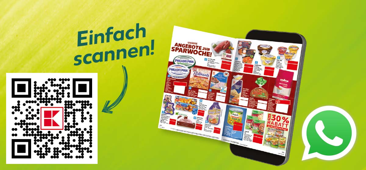 Logo: WhatsApp; Smartphone mit Prospekt; Schriftzug: Einfach scannen! zeigt auf QR-Code