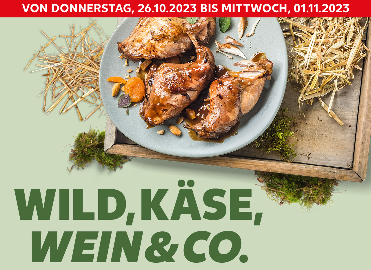 Schriftzug: Wild, Käse, Wein & Co.; Von Donnerstag, 26.10.2023 bis Mittwoch 01.11.2023; Abbildung: Kaninchenkeule auf einem Teller