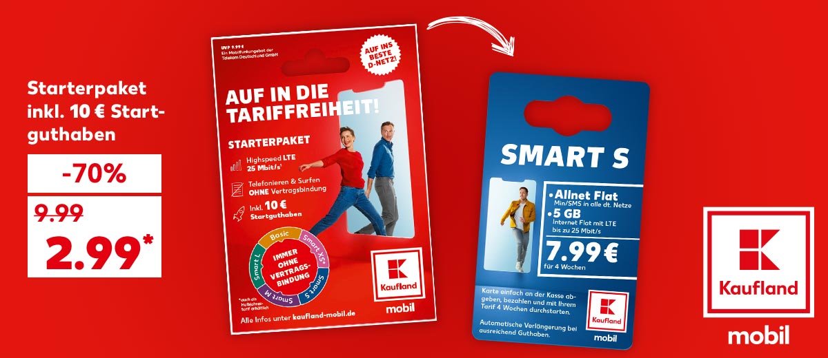 Starterpaket inkl. 10 € Startguthaben für 2.99 Euro*; Abbildung: Kaufland mobil Starterpaket und Kaufland mobil Tarif Smart S; Logo: Kaufland mobil