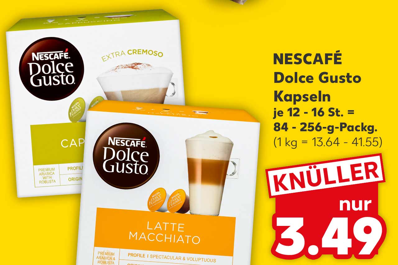 Nescafé Dolce Gusto Kapseln, versch. Sorten, je 12 - 16 St. = 84 - 256-g-Packg. für 3.49 Euro (1 kg = 13.64 - 41.55)