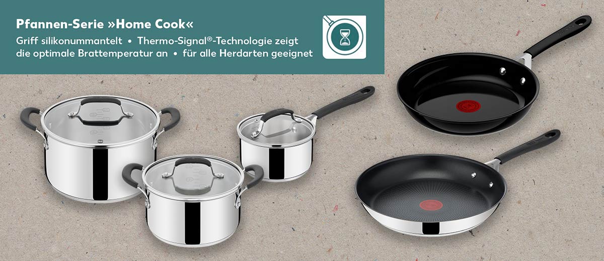 Schriftzug und Logo: Pfannen-Serie »Home Cook«; Griff silikonummantelt • Thermo-Signal®-Technologie zeigt die optimale Brattemperatur an • für alle Herdarten geeignet; Produktabbildungen: Jamie Oliver by Tefal Edelstahl-Pfanne 24 cm, Jamie Oliver by Tefal Alu-Keramik-Pfanne 24 cm, Jamie Oliver by Tefal Edelstahl-Topfset