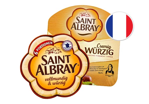 Saint Albray oder St. Agur Franz. Weich- oder Schnittkäse, versch. Sorten; Flagge: Frankreich