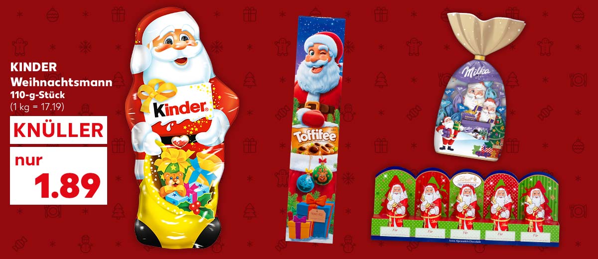 Kinder Weihnachtsmann, 110-g-Stück für 1.89 Euro (1 kg = 17.19); Weitere Produktabbildungen: Storck Toffifee, Milka Weihnachtsmischung, Lindt Mini-Schokoladenfiguren