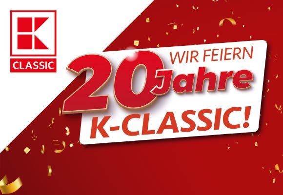 Logo: K-Classic; Schriftzug: Wir feiern 20 Jahre K-Classic!; Hintergrund: Goldenes Konfetti