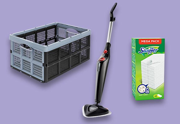 Produktabbildungen: Klappbox, Vileda Dampfreiniger »Steam Plus«, Swiffer Anti-Staub-Tücher