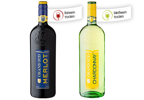 Grand Sud Merlot, Merlot Rosé, Chardonnay oder Grenache; Störer an den Flaschen: Rotwein trocken, Weißwein trocken