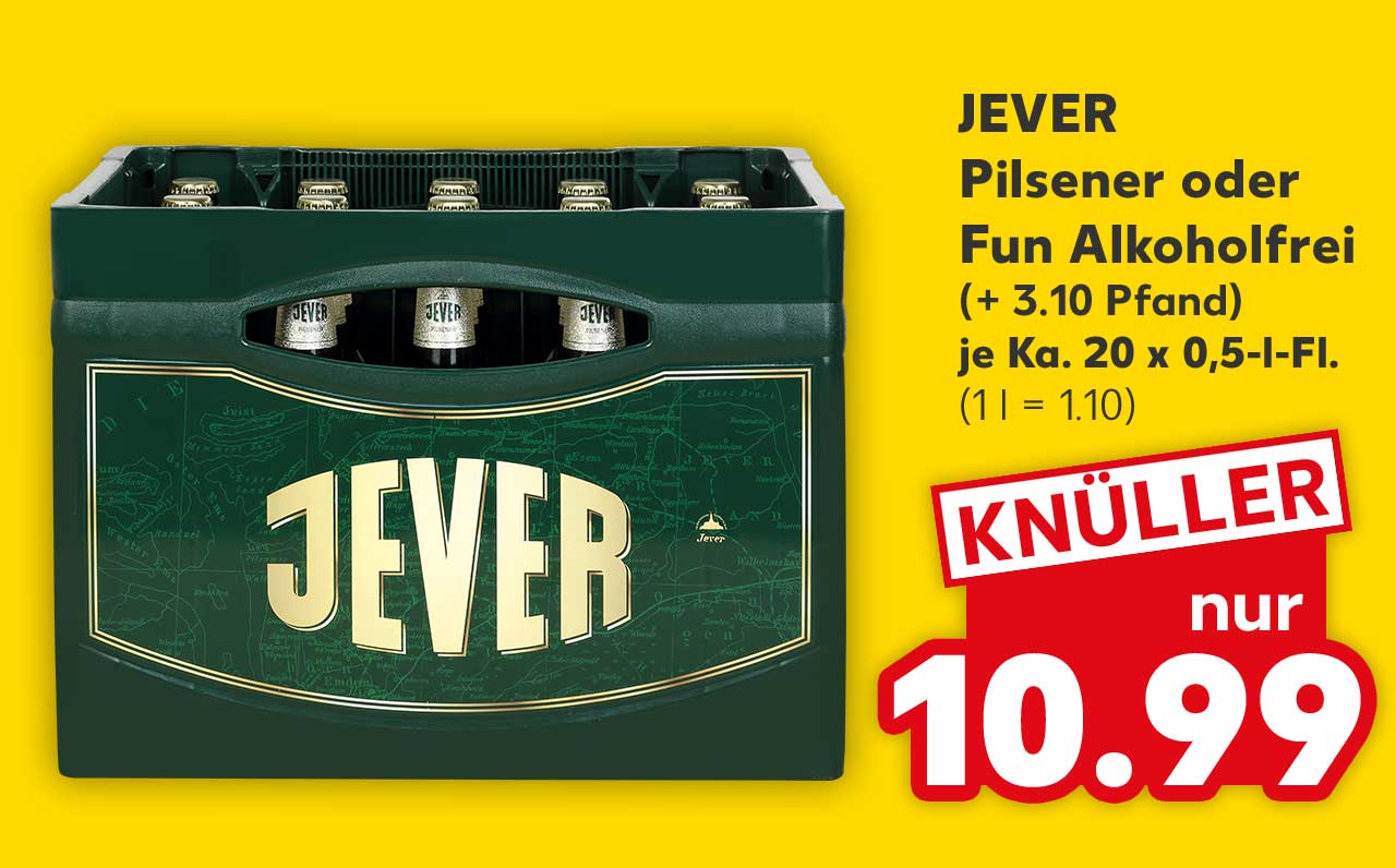 Jever Pilsener oder Fun Alkoholfrei, (+ 3.10 Pfand), je Ka. 20 x 0,5-l-Fl. für 10.99 Euro (1 l = 1.10)