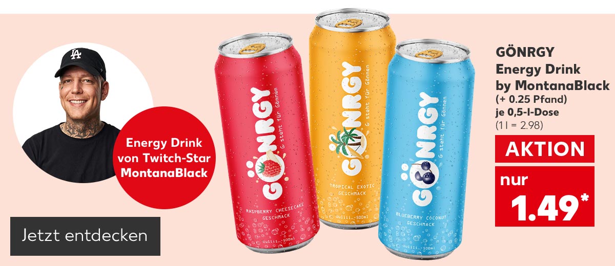 Gönrgy Energy Drink by MontanaBlack, versch. Sorten, (+ 0.25 Pfand), je 0,5-l-Dose für 1.49 Euro* (1 l = 2.98); Abbildung: MontanaBlack, Störer: Energy Drink von Twitch-Star MontanaBlack; Button: Jetzt entdecken