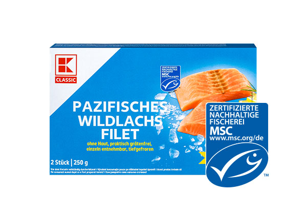 K-Classic Pazifisches Wildlachsfilet; Logo: Msc-zertifizierte nachhaltige Fischerei
