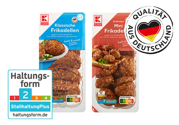 K-Classic Frikadellen, versch. Sorten; Logo: Haltungsform 2; Logo: Qualität aus Deutschland