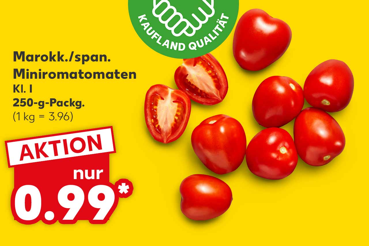 Marokk./span. Miniromatomaten, Kl. I, 250-g-Packg. für 0.99 Euro* (1 kg = 3.96); Logo: Frischeversprechen Kaufland Qualität