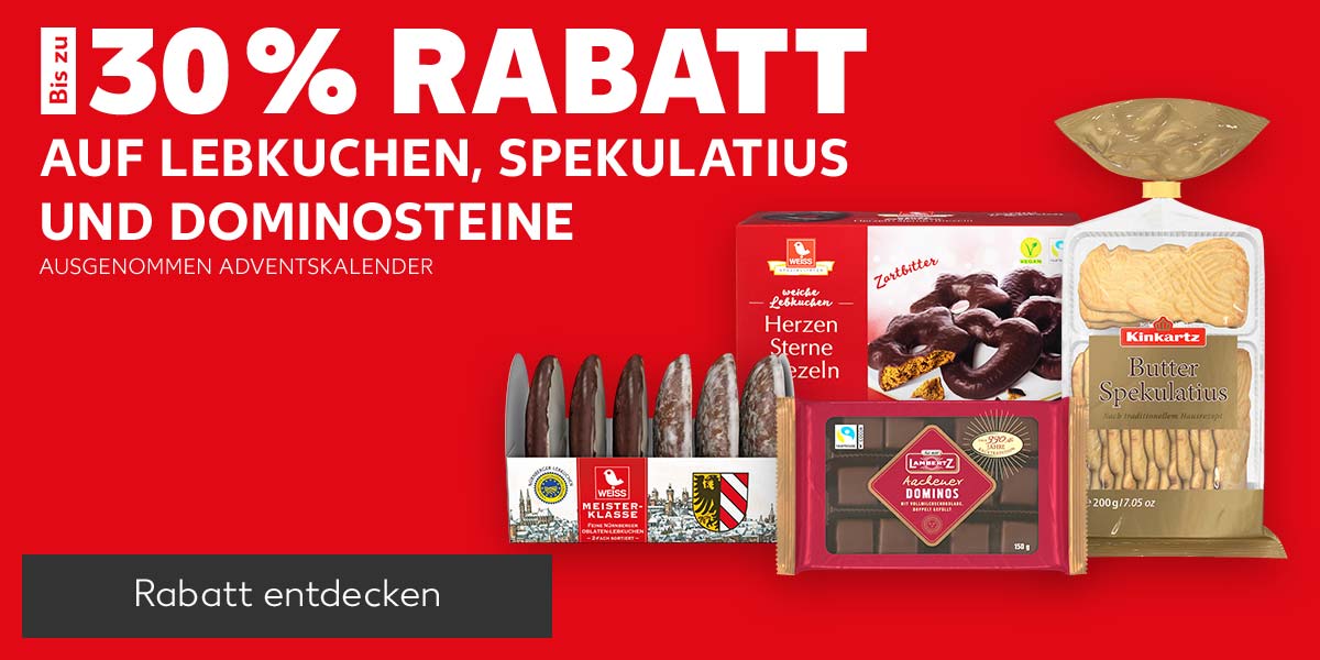 Schriftzug: Bis zu 30 % Rabatt auf Lebkuchen, Spekulatius und Dominosteine, Ausgenommen Adventskalender; Abbildung: Versch. Artikel an Lebkuchen, Spekulatius und Dominosteinen; Button: Rabatt entdecken