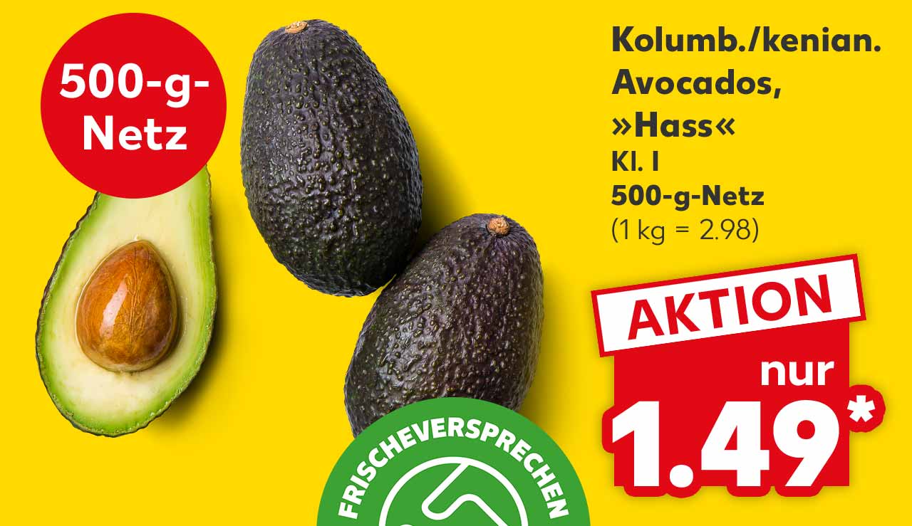 Kolumb./kenian. Avocados, »Hass«, Kl. I, 500-g-Netz für 1.49 Euro* (1 kg = 2.98); Störer: 500-g-Netz; Logo: Frischeversprechen Kaufland Qualität