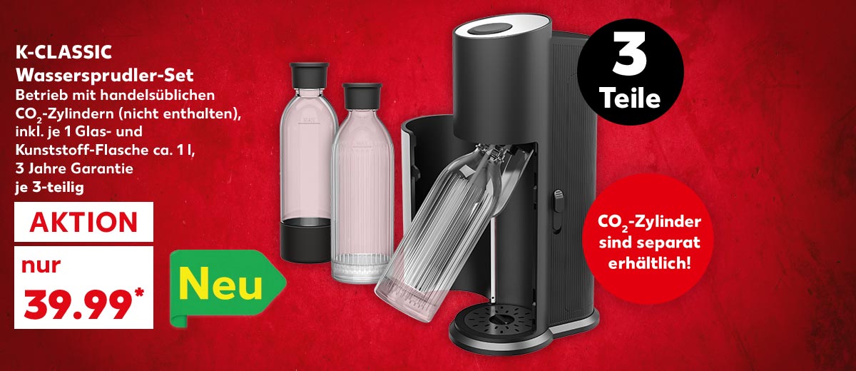 K-Classic Wassersprudler-Set, Betrieb mit handelsüblichen CO₂-Zylindern (nicht enthalten), inkl. 1 Glas- und Kunststoff-Flasche ca. 1 l, 3 Jahre Garantie, je 3-teilig für 39.99 Euro*; Logo: Neu; Störer: 3 Teile; Störer: CO₂-Zylinder sind separat erhältlich