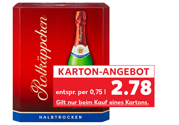 Ein ganzer Karton Rotkäppchen Sekt, versch. Sorten; Störer: Karton-Angebot: entspr. per 0,75 l für 2.78 Euro; Gilt nur beim Kauf eines Kartons.