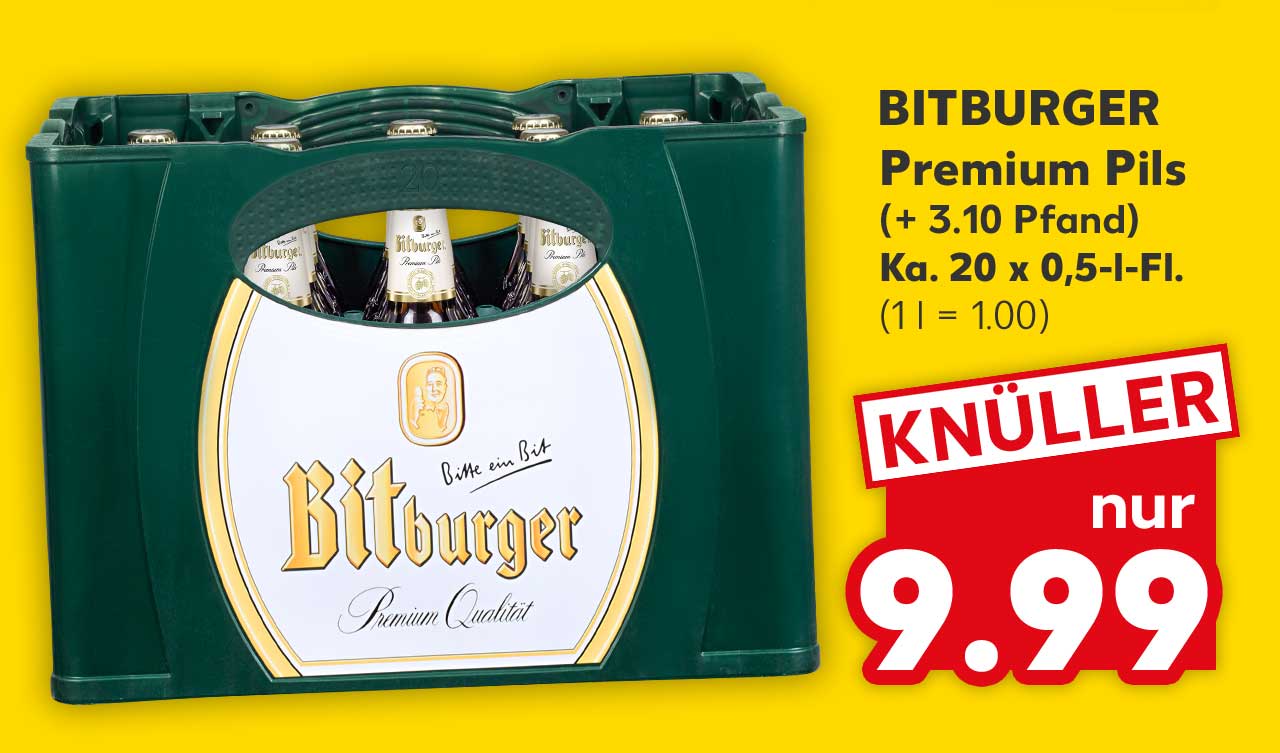 Bitburger Premium Pils, (+ 3.10 Pfand), Ka. 20 x 0,5-l-Fl. für 9.99 Euro (1 l = 1.00)