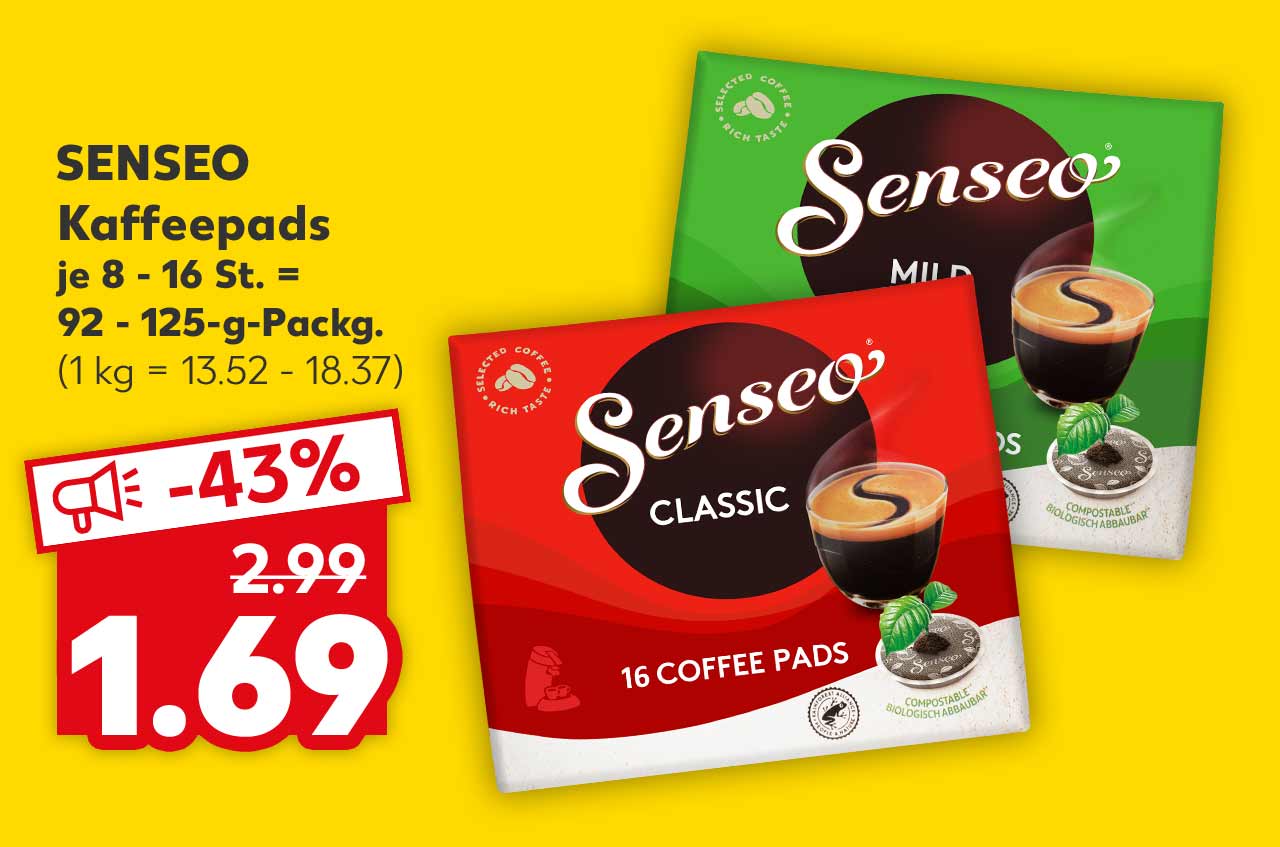 Senseo Kaffeepads, versch. Sorten, je 8 - 16 St. = 92 - 125-g-Packg. für 1.69 Euro (1 kg = 13.52 - 18.37)