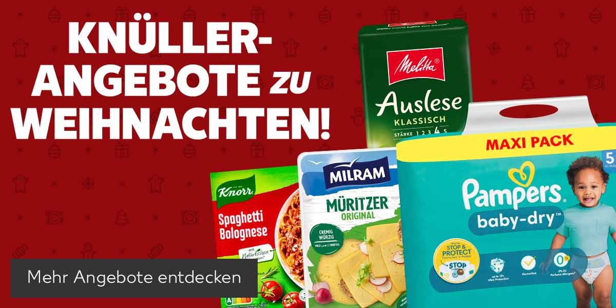 Schriftzug: Knüller-Angebote zu Weihnachten!; Produktabbildungen: Knorr Fix, Milram Herzhafter Schnittkäse, Melitta Kaffee, Pampers Maxi-Pack; Button: Mehr Angebote entdecken