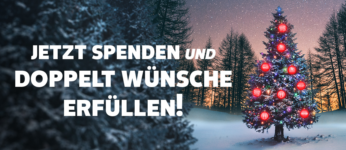 Schriftzug: Jetzt spenden und doppelt Wünsche erfüllen!; Abbildung: Weihnachtsbaum mit roten leuchtenden Kugeln