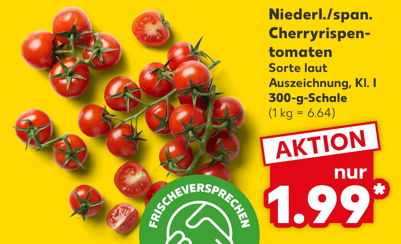 Niederl./span. Cherryrispentomaten, Sorte laut Auszeichnung, Kl. I, 300-g-Schale für 1.99 Euro* (1 kg = 6.64); Logo: Frischeversprechen Kaufland Qualität