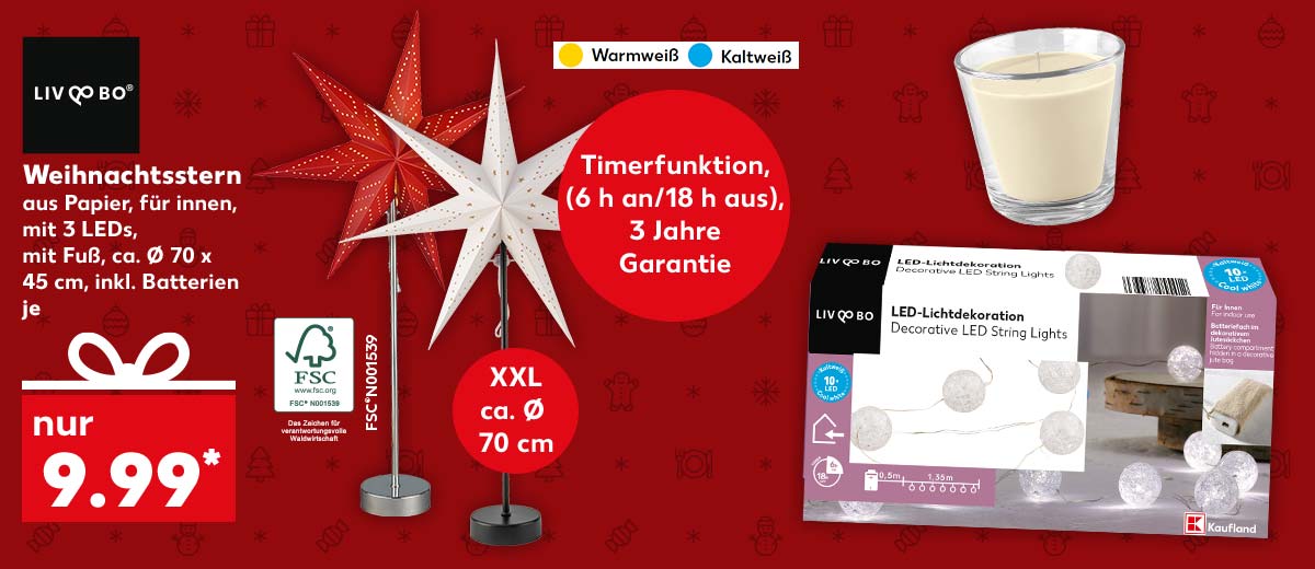 Logo: Liv&Bo®; Produktabbildung: Weihnachtsstern, aus Papier, mit 3 Leds, für innen, mit Fuß ca. Ø 70 x 45 cm, inkl. Batterien, je für 9.99 Euro*; Logo: fsc; Störer: ca. Ø 70 cm; Störer: Timerfunktion (6 h an/18 h aus), 3 Jahre Garantie, Warmweiß, Kaltweiß; Weitere Produktabbildungen: Duftkerze im Glas, Lichtdekoration; Hintergrund: Silberne Sterne