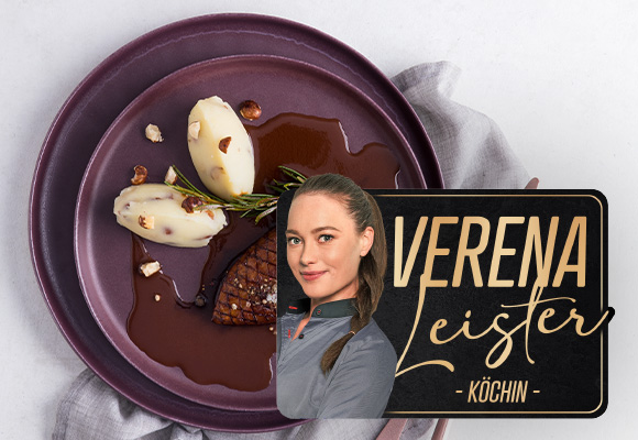Rezept: Vegane Sellerie-„Entenbrust“ mit Kartoffelstampf; Abbildung und Logo: Verena Leister - Köchin - 