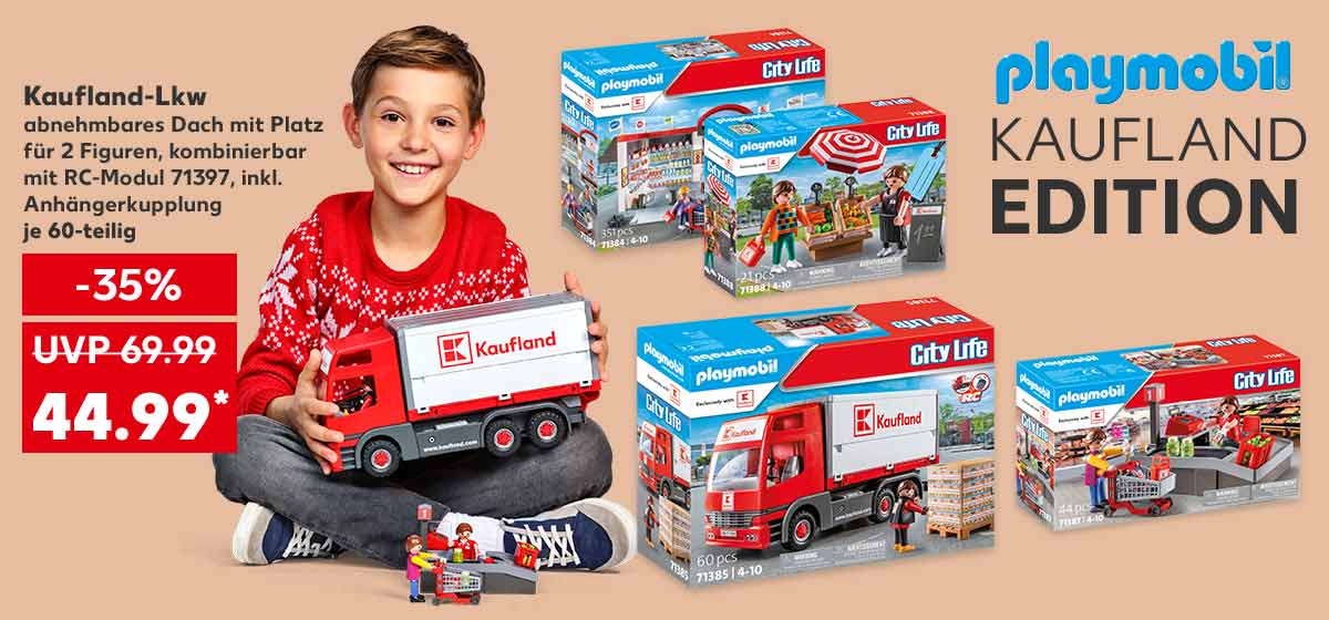 Logo: playmobil Kaufland Edition; Abbildung: Kind hält einen Playmobil-Spielsets »Kaufland« Kaufland-Lkw in der Hand; Playmobil-Spielsets »Kaufland« Kaufland-Lkw, abnehmbares Dach mit Platz für 2 Figuren, kombinierbar mit RC-Modul 71397, inkl. Anhängerkupplung, je 60-teilig für 44.99 Euro* (UVP = 69.99 Euro); Weitere Produktabbildungen: Playmobil-Spielsets »Kaufland« Supermarkt, Playmobil-Spielsets »Kaufland« Gemüsestand, Playmobil-Spielsets »Kaufland« Kasse