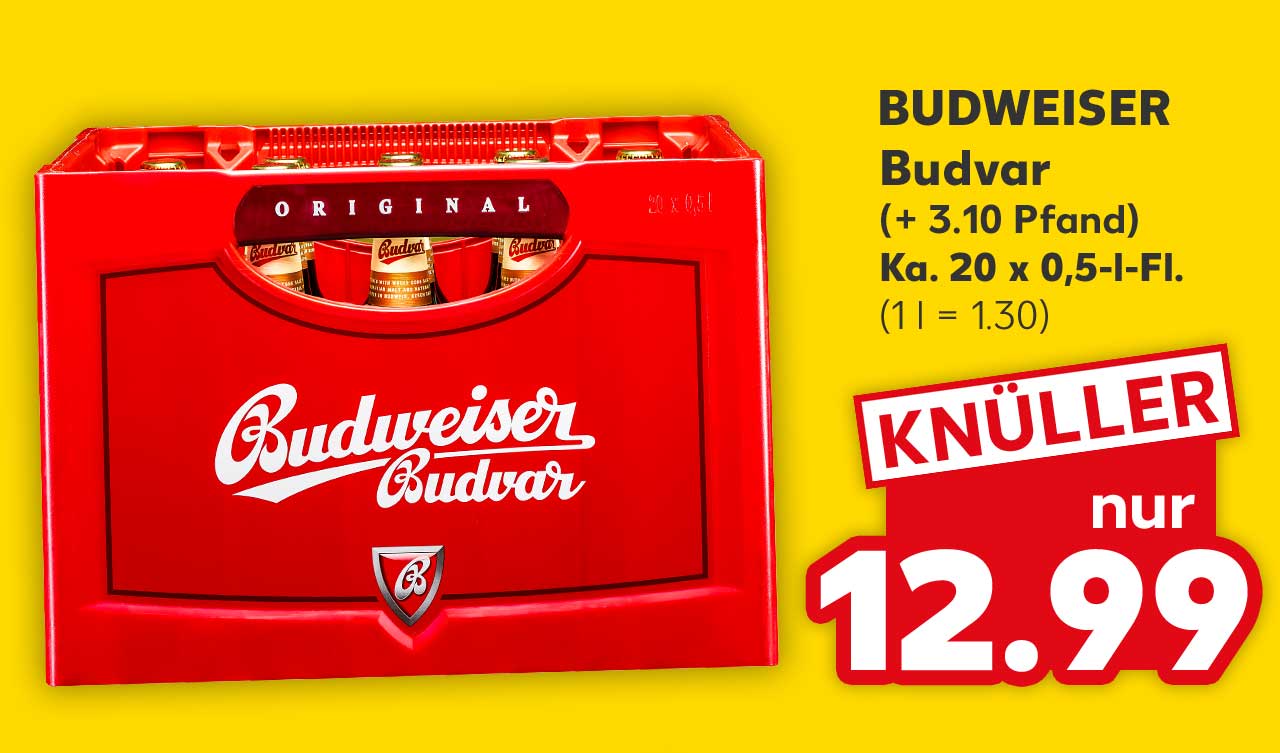 Budweiser Budvar, (+ 3.10 Pfand), Ka. 20 x 0,5-l-Fl. für 12.99 Euro (1 l = 1.30)