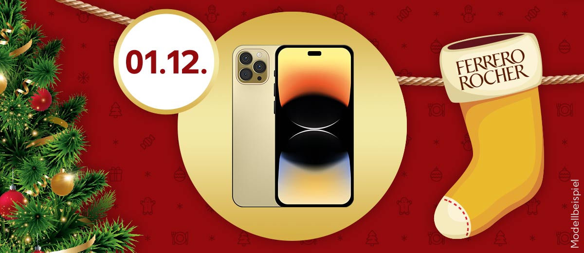 Abbildung Gewinn: Apple iPhone 14 Pro; Störer: 01.12.; Weihnachtsstrumpf mit Schriftzug: Ferrero Rocher: Schriftzug: Modellbeispiel