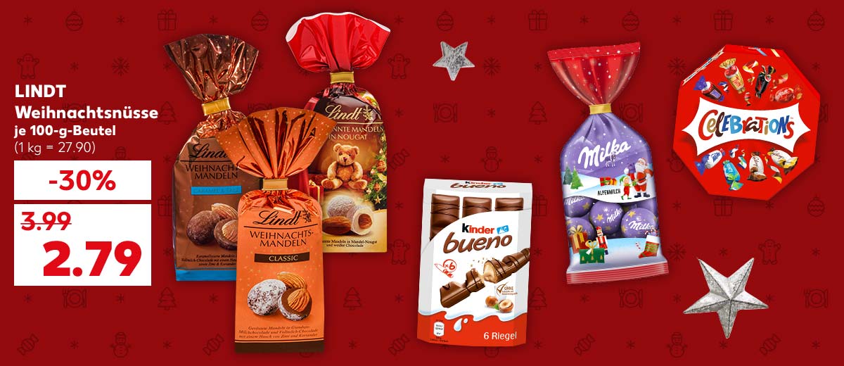 Lindt Weihnachtsnüsse, versch. Sorten, je 100-g-Beutel für 2.79 Euro (1 kg = 27.90); Weitere Produktabbildungen: Kinder Bueno, Milka Schokoladen-Kugeln, Celebrations Mini-Schokoriegel; Hintergrund: Sterne
