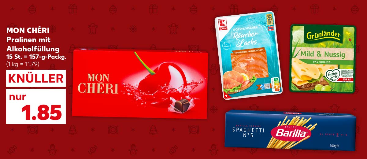 Mon Chéri Pralinen mit Alkoholfüllung, 15 St. = 157-g-Packg. für 1.85 Euro (1 kg = 11.79); Weitere Produktabbildungen: K-Classic Räucherlachs in Scheiben, Grünländer Dtsch. Schnittkäse, Barilla Classic Pasta