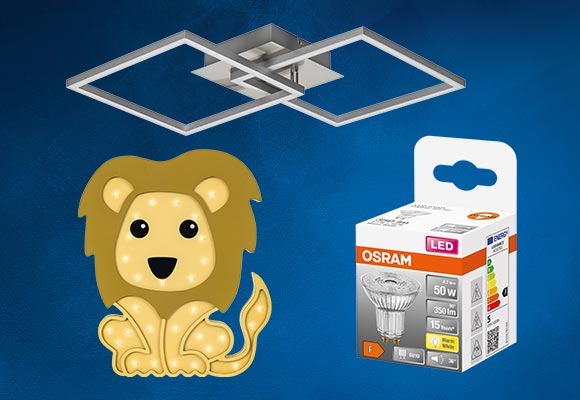 Produktabbildungen: Liv&Bo® Led-Wand- und Deckenleuchte; Liv&Bo® Led-Kinderzimmerleuchte, Osram Led-Leuchtmittel