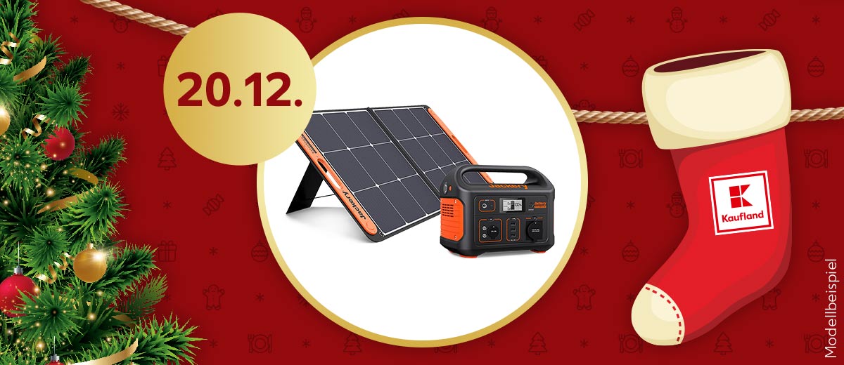 Abbildung Gewinn: Jackery Solarpower Station; Störer: 20.12.; Weihnachtsstrumpf mit Kaufland Logo; Weihnachtsbaum; Schriftzug: Modellbeispiel