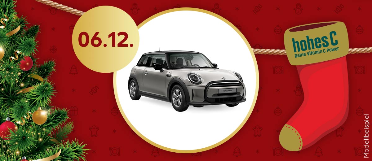 Abbildung: Bmw Mini Cooper; Störer: 06.12.; Weihnachtsstrumpf mit Logo: Hohes C; Weihnachtsbaum; Schriftzug: Modellbeispiel