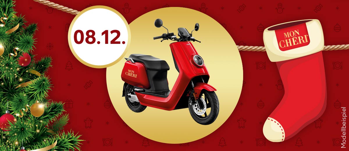 Abbildung Gewinn: Niu® E-Roller; Störer: 08.12.; Weihnachtsstrumpf mit Logo: Mon Chéri; Weihnachtsbaum; Schriftzug: Modellbeispiel