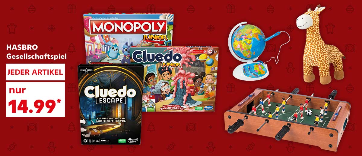 Hasbro Gesellschaftsspiel, jeder Artikel für 14.99 Euro*; Weitere Produktabbildungen: Clementoni Weltentdecker – der interaktive-Globus, Kidland® Plüschtier, Kidland® Mini-Spiel Tischfußball, Billard oder Air-Hockey