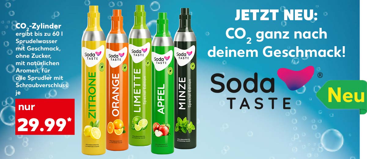 Soda Taste CO₂-Zylinder, versch. Sorten, ergibt bis zu 60 l Sprudelwasser mit Geschmack, ohne Zucker, mit natürlichen Aromen, für alle Sprudler mit Schraubverschluss, je für 29.99 Euro*; Schriftzug: Jetzt Neu: CO₂ ganz nach deinem Geschmack!; Logo: Soda Taste; Logo: Neu