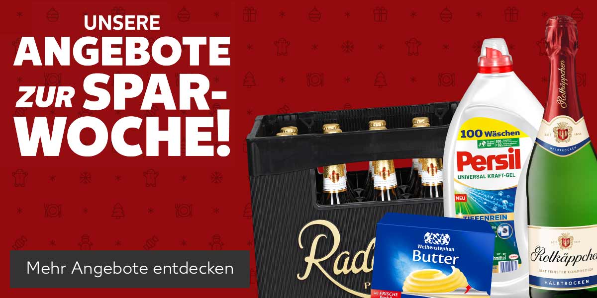 Schriftzug: Unsere Angebote zur Spar-Woche; Produktabbildungen: Radeberger Pilsner oder Alkoholfrei, Persil Universal- oder Color-Waschmittel, Rotkäppchen Sekt; Button: Mehr Angebote entdecken