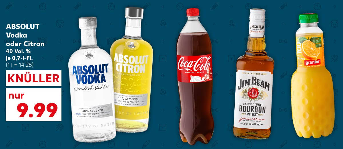 Absolut Vodka oder Citron, 40 Vol. %, je 0,7-l-Fl. für 9.99 Euro (1 l = 14.28); Weitere Produktabbildungen: Coca-Cola, Fanta, Sprite oder Mezzo Mix, Jim Beam Whiskey oder Whiskey-Likör, Granini Trinkgenuss oder Selection