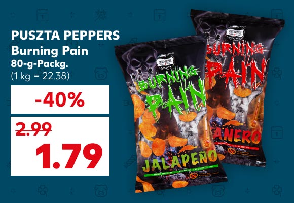 Puszta Peppers Burning Pain, versch. Sorten, 80-g-Packg. für 1.79 Euro (1 kg = 22.38)
