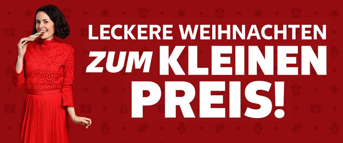 Schriftzug: Leckere Weihnachten zum kleinen Preis!; Abbildung: Eine Frau beißt in eine Schokoladentafel