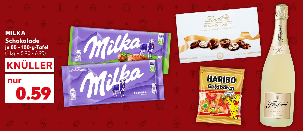 Milka Schokolade, versch. Sorten, je 85 - 100-g-Tafel für 0.59 Euro (1 kg = 5.90 - 6.95); Weitere Produktabbildungen: Lindt Pralinés, Freixenet Span. Sekt, Haribo Fruchtgummis oder Lakritz