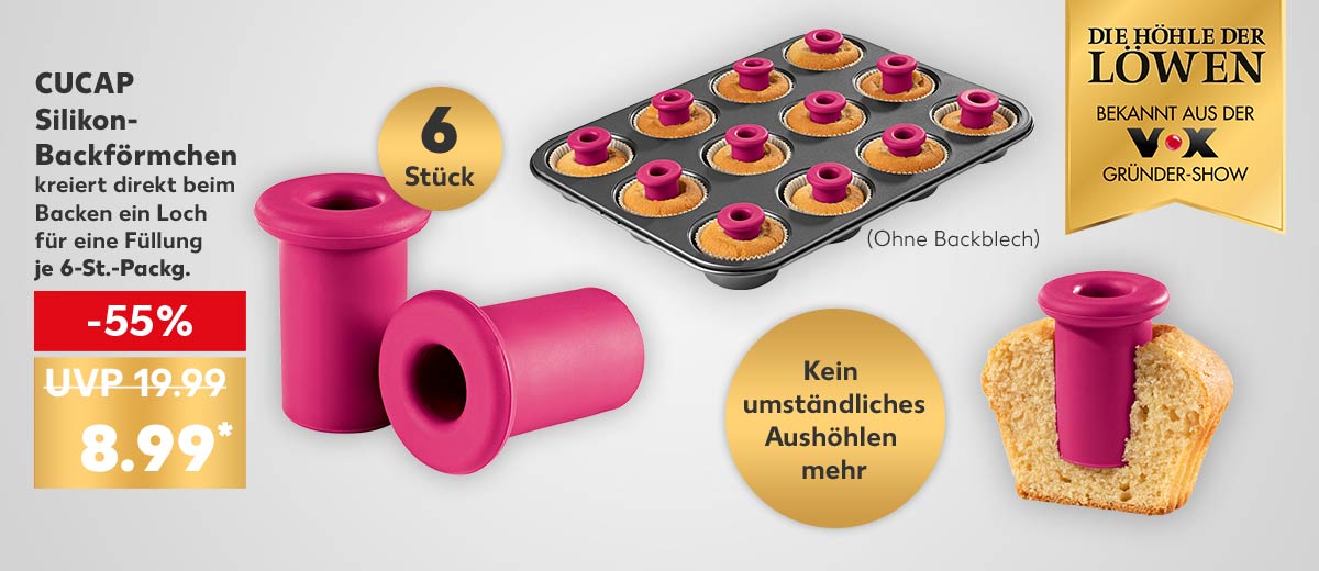 Logo: Die Höhle der Löwen bekannt aus der Vox-Gründer-Show; Cucap Silikon-Backförmchen, kreiert direkt beim Backen ein Loch für eine Füllung, je 6-St.-Packg. für 8.99 Euro* (UVP = 19.99 Euro); Störer: 6 Stück; Störer: Kein umständliches Aushöhlen mehr; Schriftzug: Ohne Backblech
