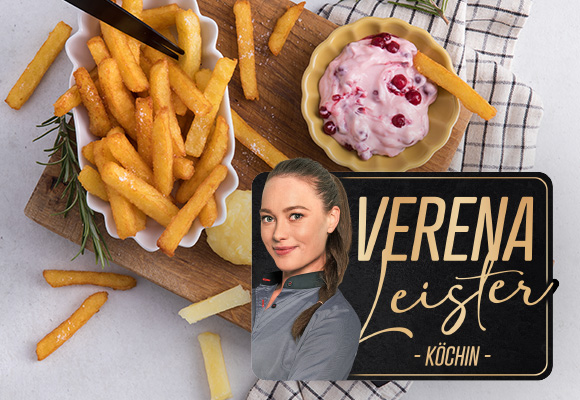 Rezept: Kloß-Fries mit Preiselbeer-Majo; Abbildung und Schriftzug: Verena Leister - Köchin - 