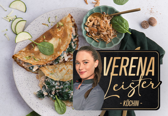 Rezept: Zucchini Palatschinken mit Tofu-Füllung; Abbildung und Logo: Verena Leister - Köchin -