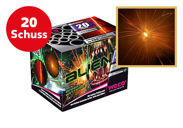 Weco Multi-Effekt-Batterie »Alien«; Störer: 20 Schuss; Abbildung: Darstellung von Feuerwerk am Himmel