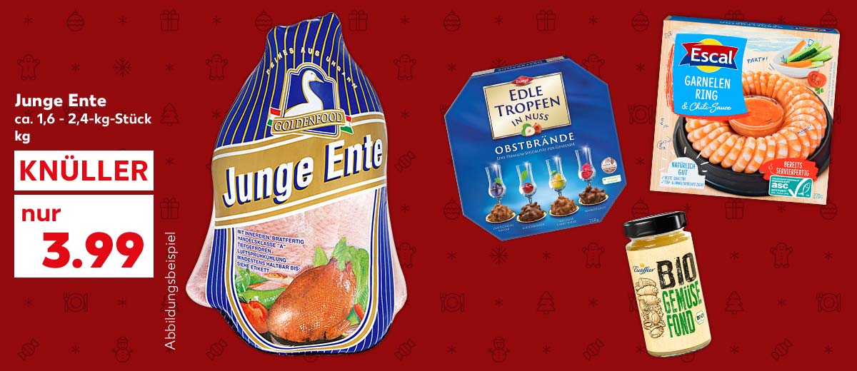 Junge Ente, ca. 1,6 - 2,4-kg-Stück, kg für 3.99 Euro; Schriftzug: Abbildungsbeispiel; Weitere Produktabbildungen: Trumpf Edle Tropfen in Nuss, Escal Garnelenring, Escoffier Bio-Fond