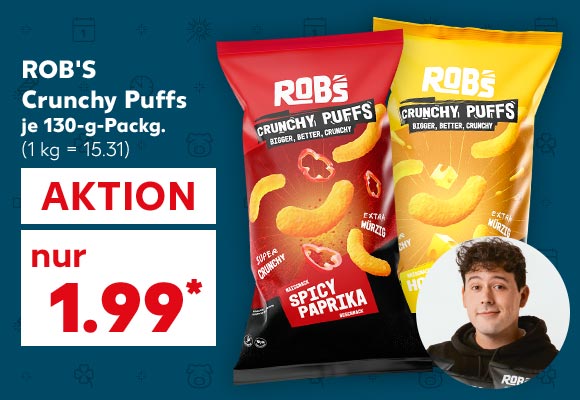 Rob's Crunchy Puffs, versch. Sorten, je 130-g-Packg. für 1.99 Euro* (1 kg = 15.31); Abbildung: Food- und Snack-Influencer CrispyRob