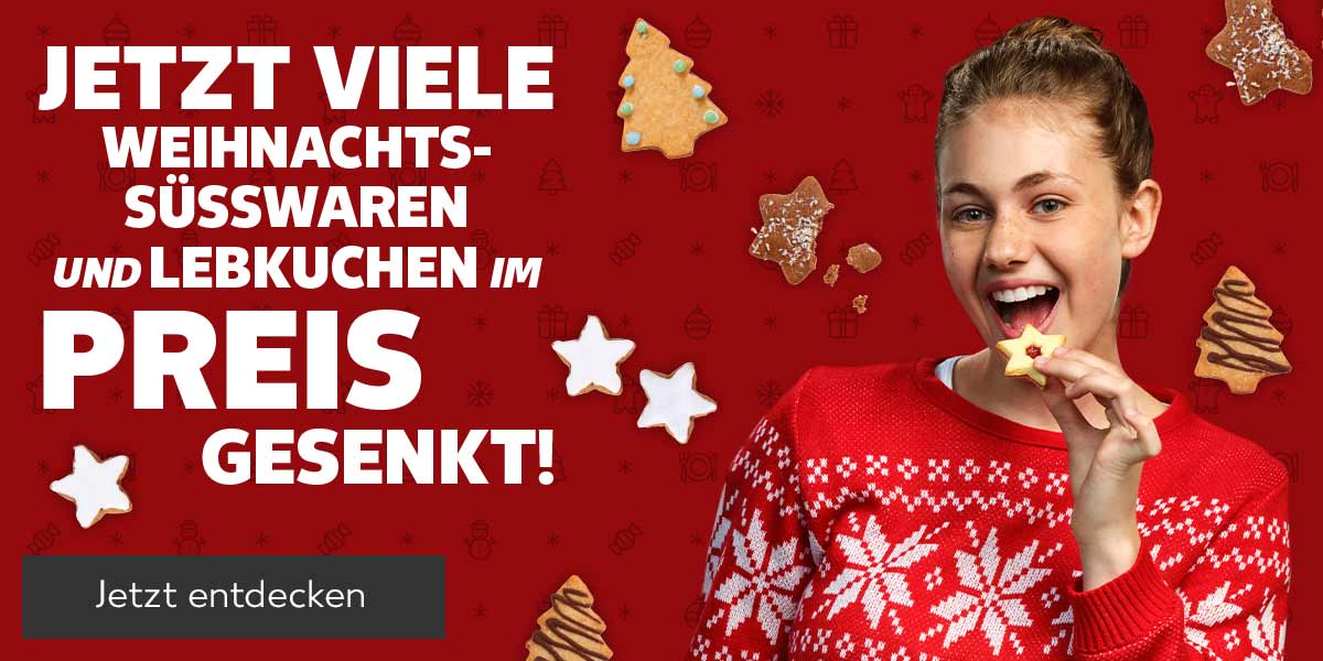 Schriftzug: Jetzt viele Weihnachtssüßwaren und Lebkuchen im Preis gesenkt!; Abbildung: Eine Frau isst ein Plätzchen; Hintergrund: Verschiedene Plätzchen und Lebkuchen; Button: Jetzt entdecken