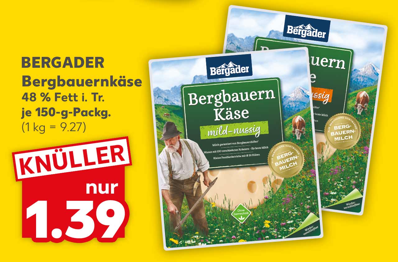 Bergader Bergbauernkäse, versch. Sorten, 48% Fett i. Tr., je 150-g-Packg. für 1.39 Euro (1 kg = 9.27)